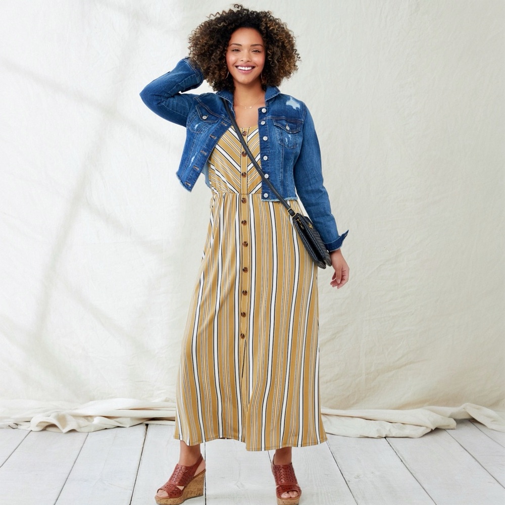 Maurices Gold Yellow Striped Button Front Sleevless Maxi Dress